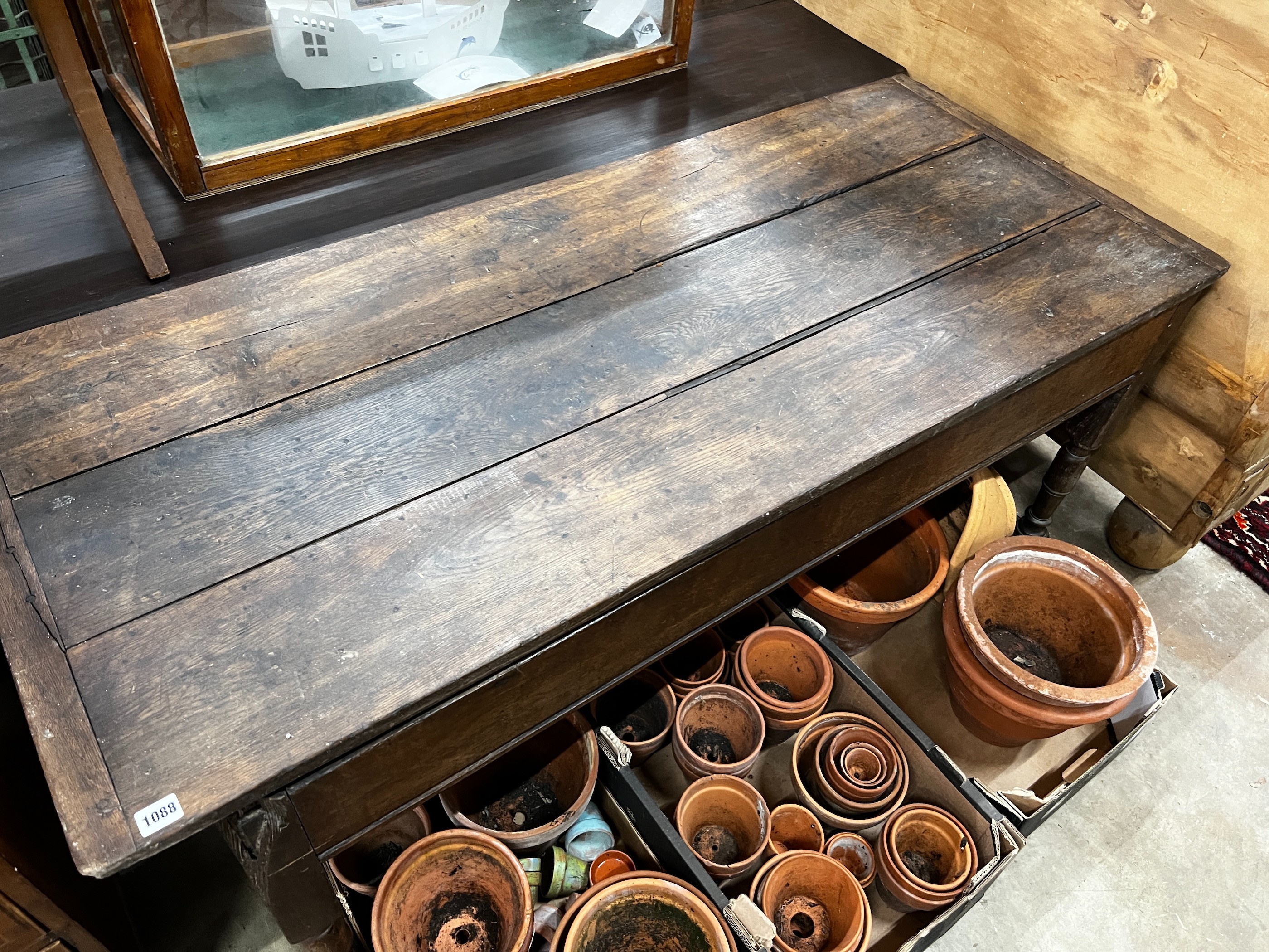 A 19th century French rectangular oak dough trough table, width 158cm, depth 67cm, height 71cm